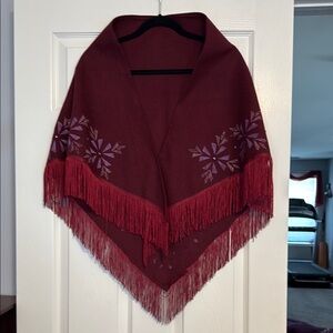 Adult Disney Frozen 2 Burgundy Shawl with Fringe and Snowflake Design